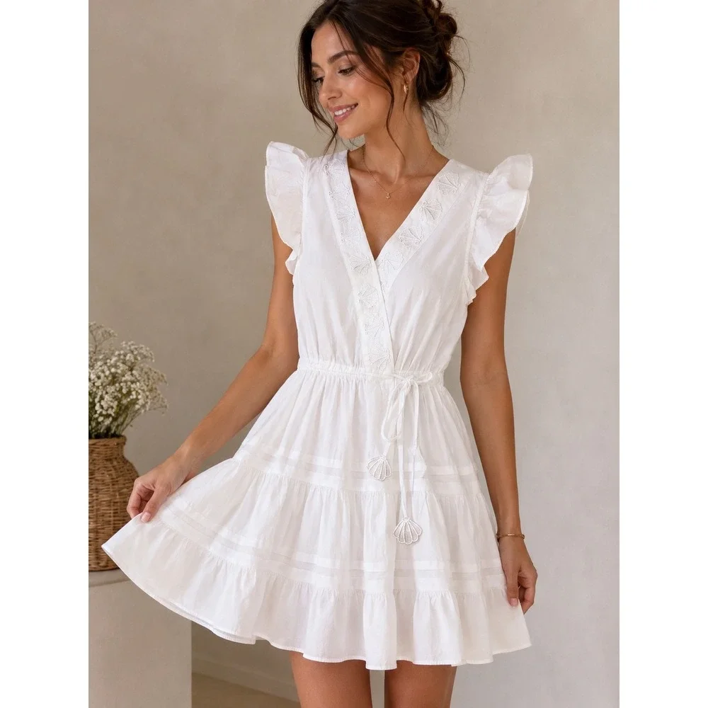En Saison‎ Womens XS White Shell Ruffle Poplin Wrap Dress Coastal Summer Beach